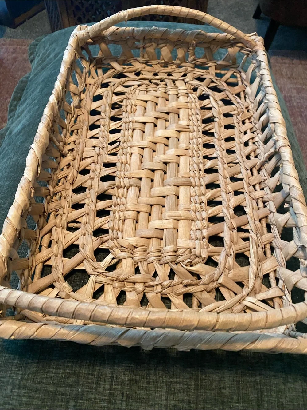 VTG Boho Hand Woven Open Weave Rectangular Tray Basket Natural Reed Palm Leaf